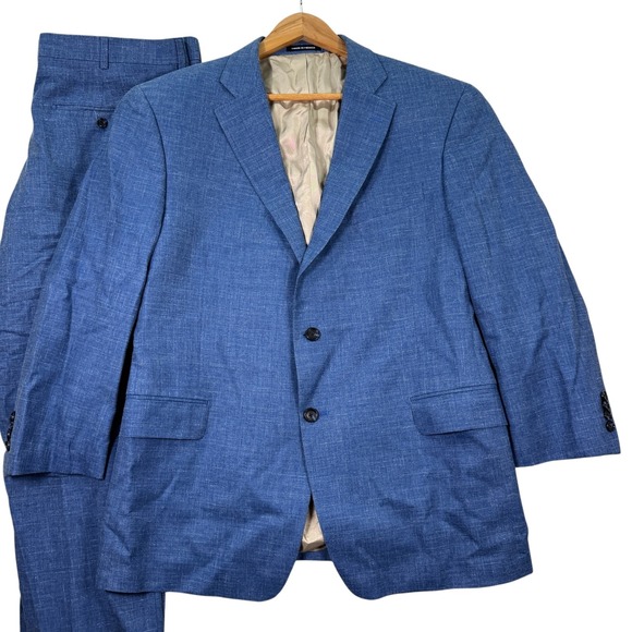 Paul Fredrick 2 Piece Suit Jacket Men 44S 36x25 Blue Wool Silk Linen Notch Lapel - Picture 1 of 16